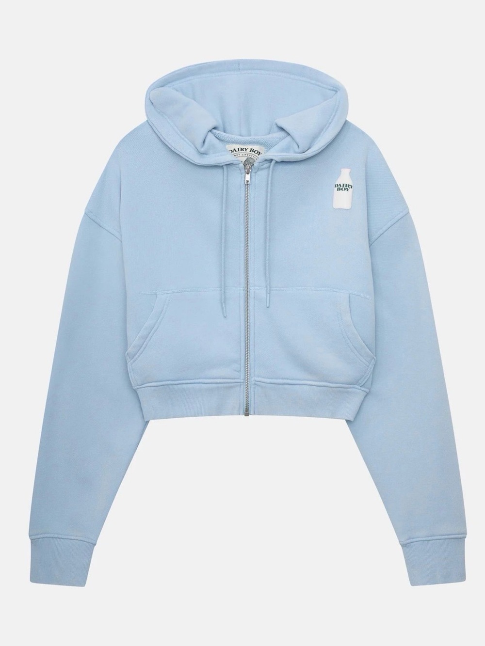 Dairy boy Cropped Light Blue Zip Hoodie with Milk Bottle Patch